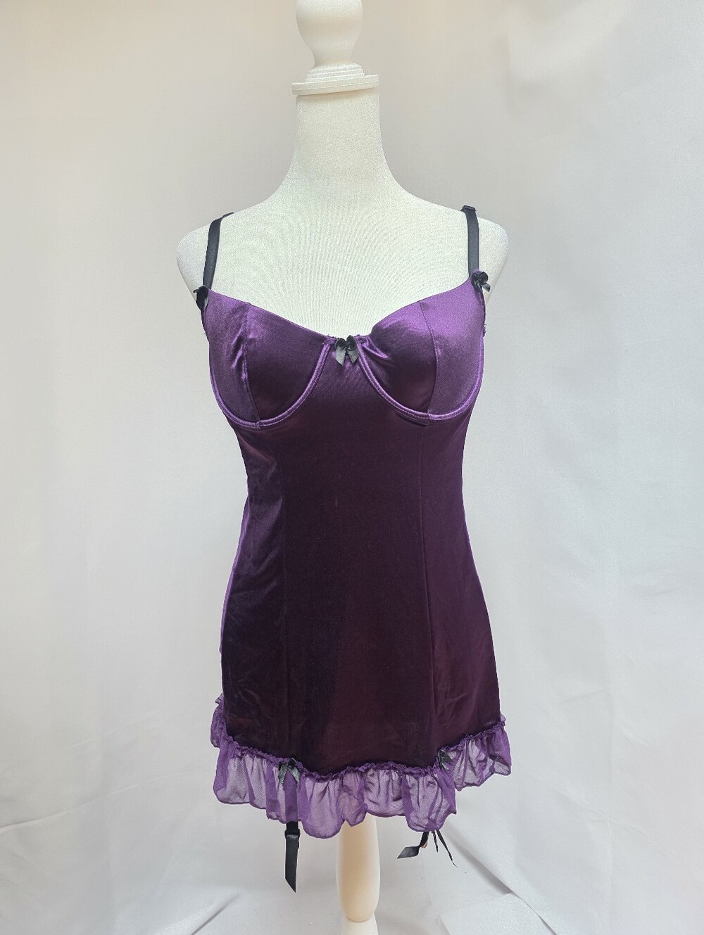 Purple Satin Garter Chemise Babydoll Lingerie Open Back Underwire Slip
